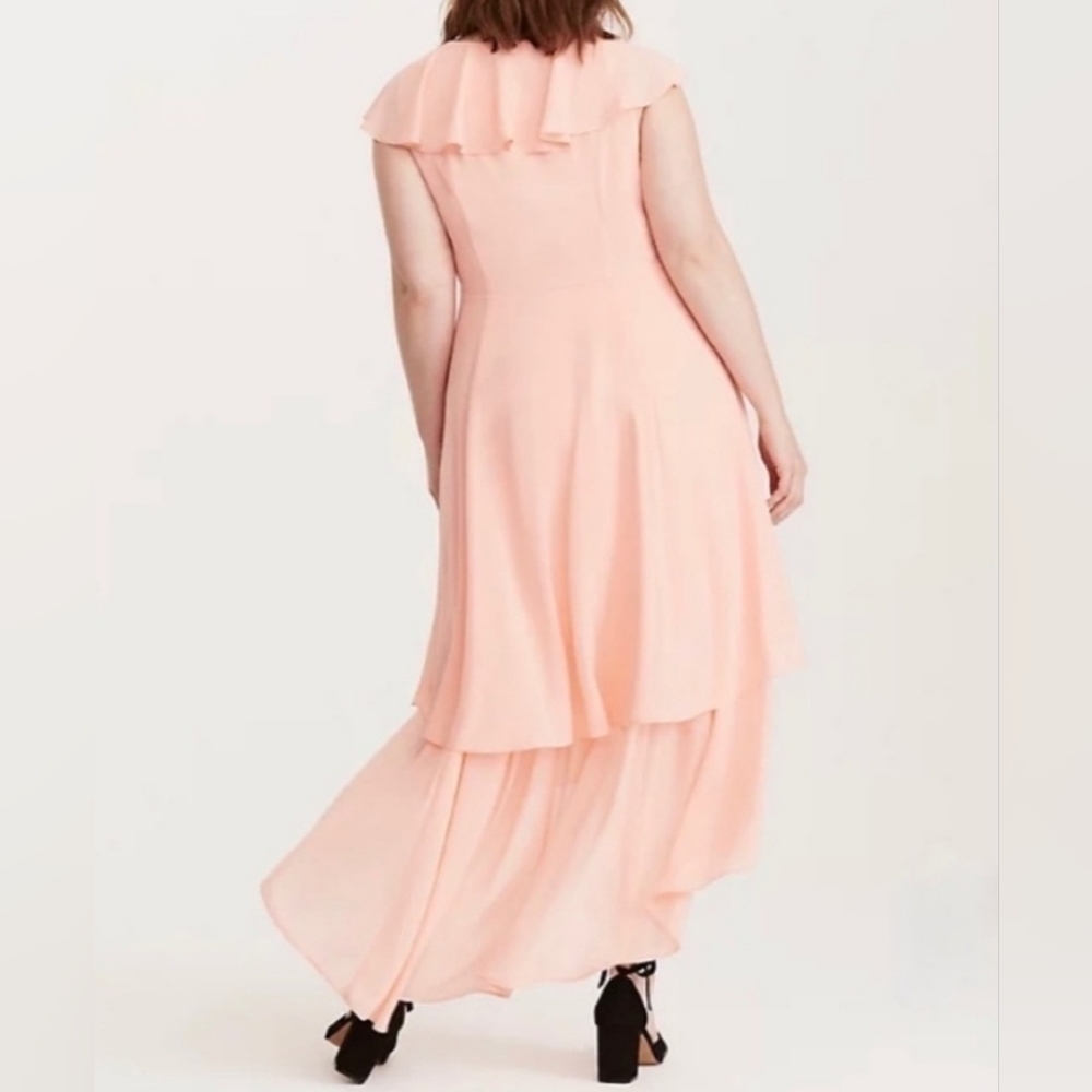 Torrid INSIDER CORAL LACE UP RUFFLE SLEEVELESS HI-LO MAXI DRESS - Picture 2 of 8